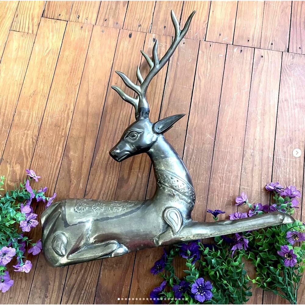Large Vintage Brass Deer Sculpture Reclining Resting MCM Sarried-Style Detailed